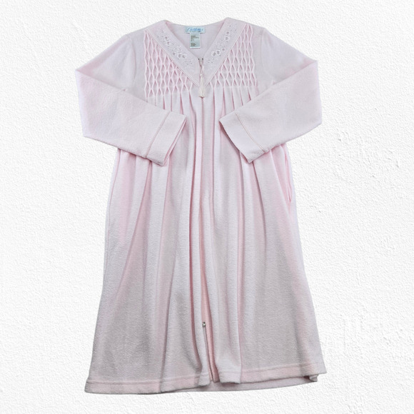 Y2K Collette Pink Fleece Zip Housecoat Robe Floral Embroidery Mid Calf Medium - Picture 2 of 7